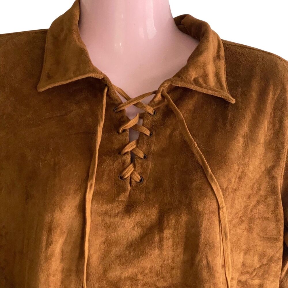 Liz Claiborne Pullover Womens Medium Brown Faux Suede Lace Up Top Long Sleeve - Picture 3 of 7